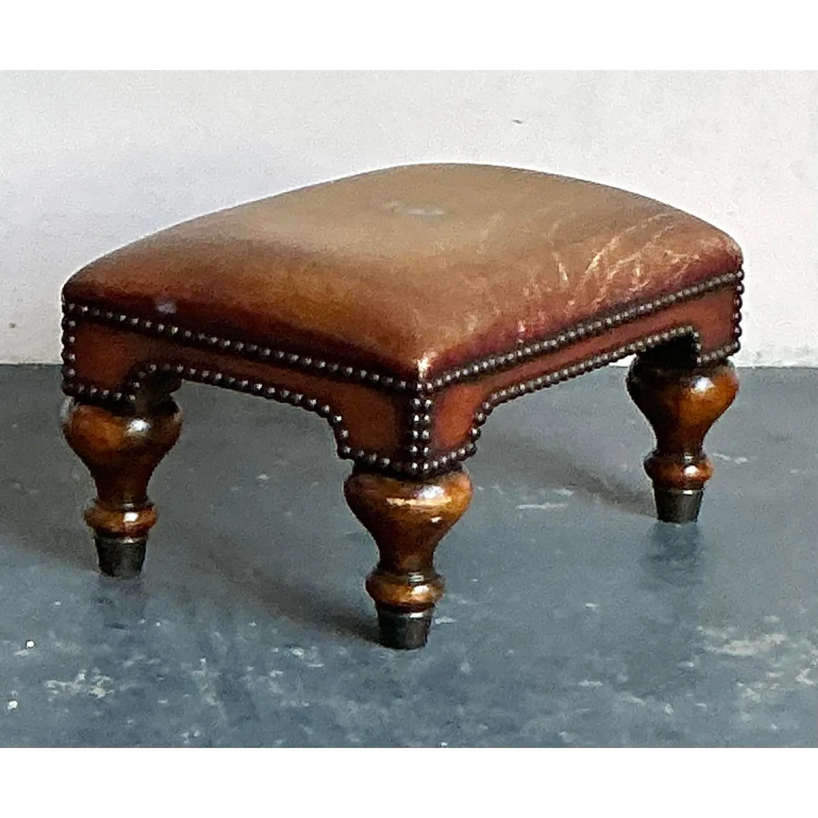 Vintage Boho Royal Crest Leather Footstool — additional photo 1