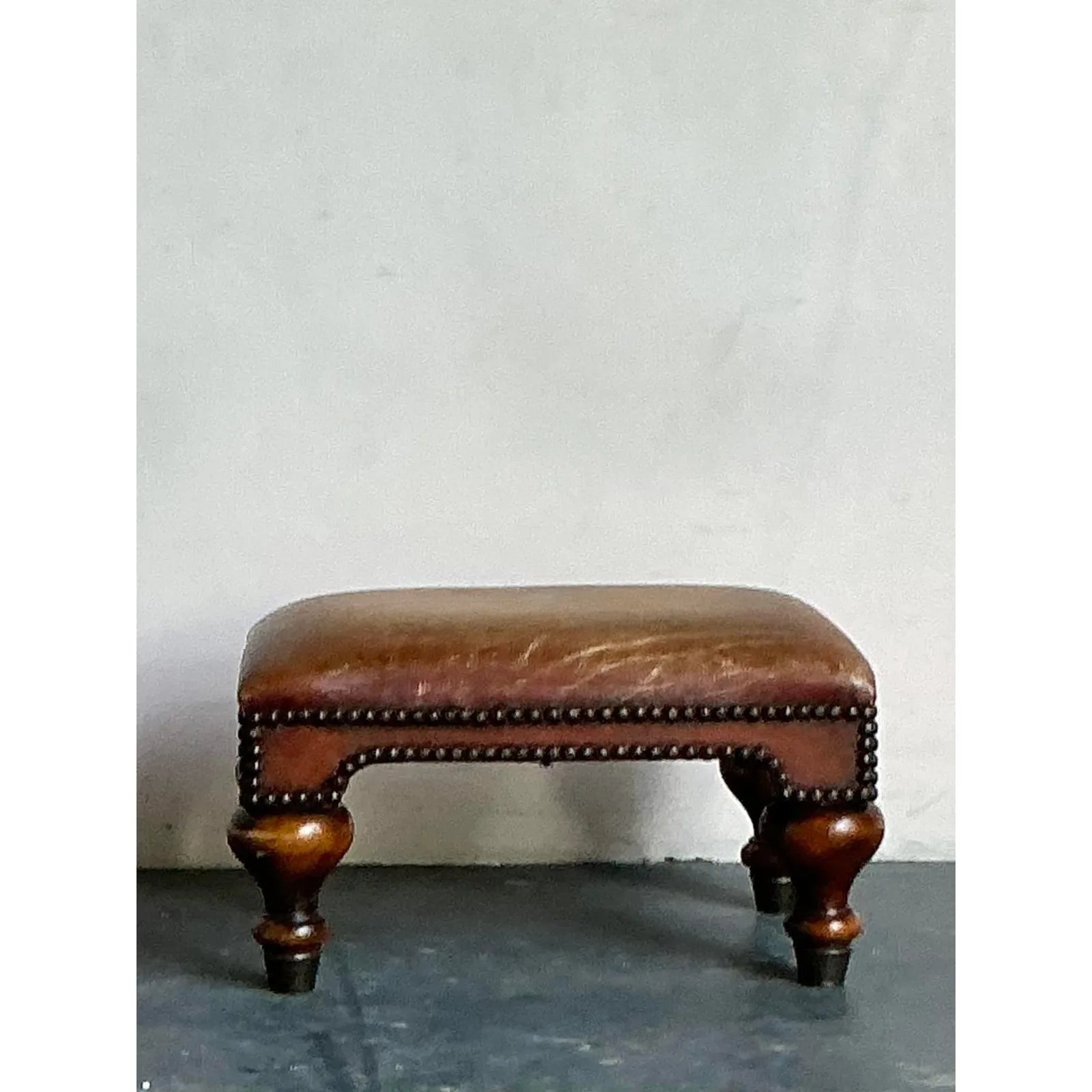 Vintage Boho Royal Crest Leather Footstool — additional photo 2