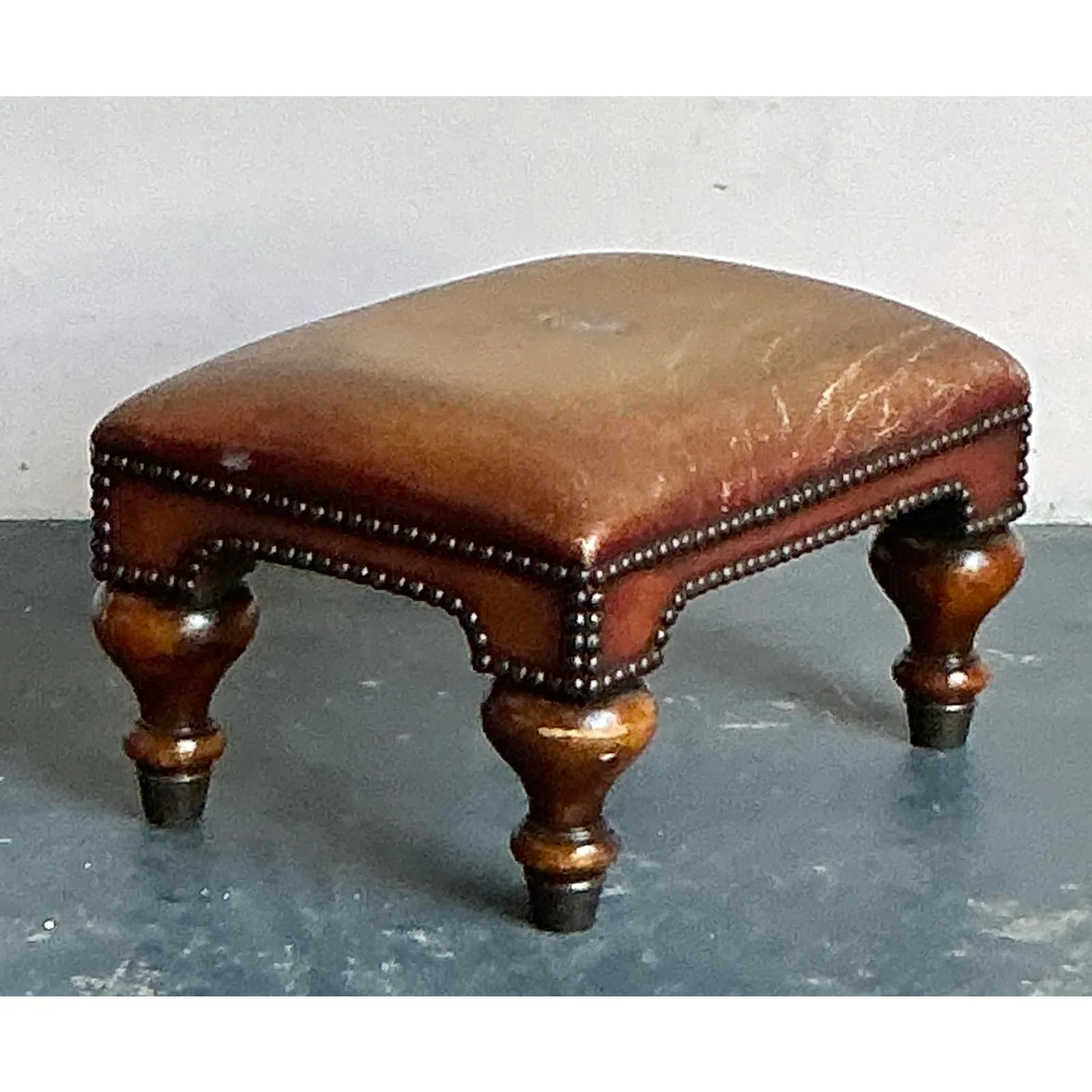 Vintage Boho Royal Crest Leather Footstool — additional photo 3