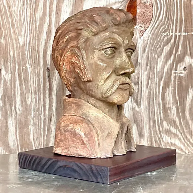 Vintage Boho Sculpted Clay Bust of Man — additional photo 2