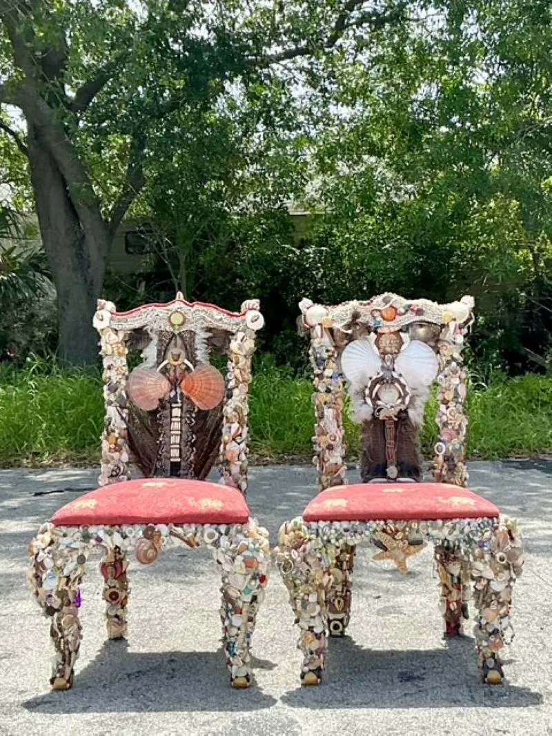 Vintage Boho Shell Encrusted Artisan Chairs - A Pair — additional photo 1