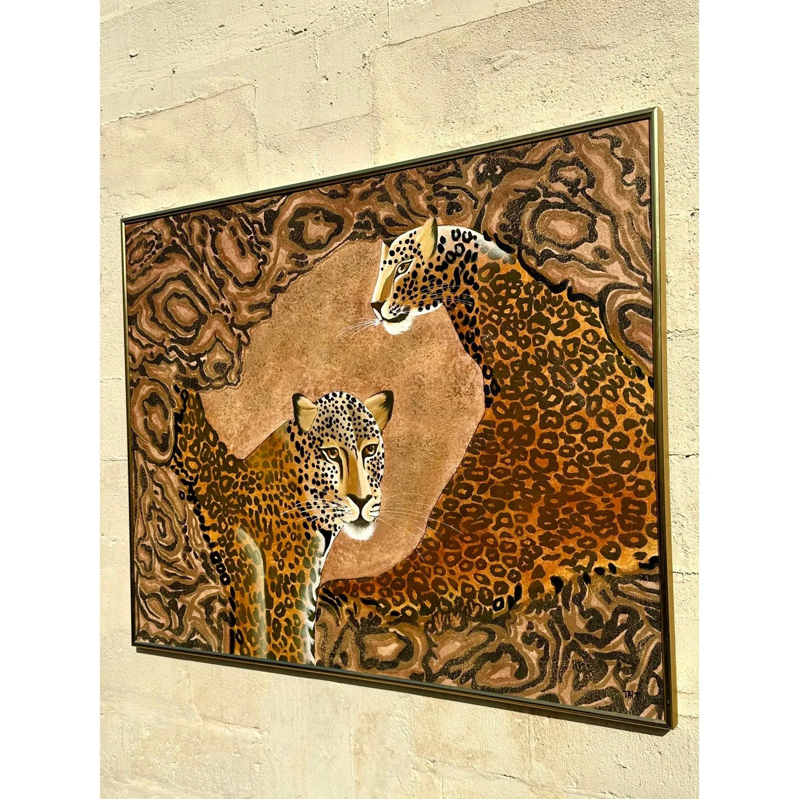 Vintage Boho Signed Original Oil Painting of Cheetahs — additional photo 1