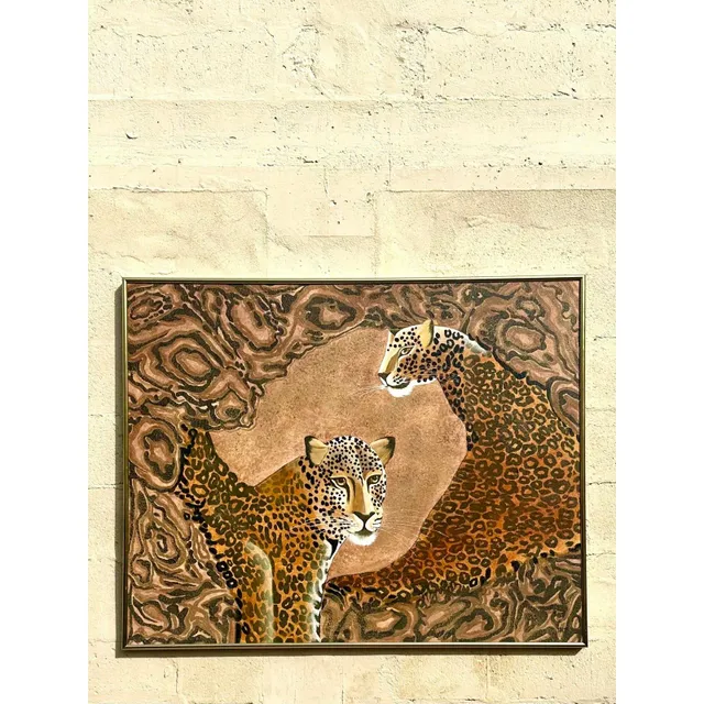 Vintage Boho Signed Original Oil Painting of Cheetahs — additional photo 2