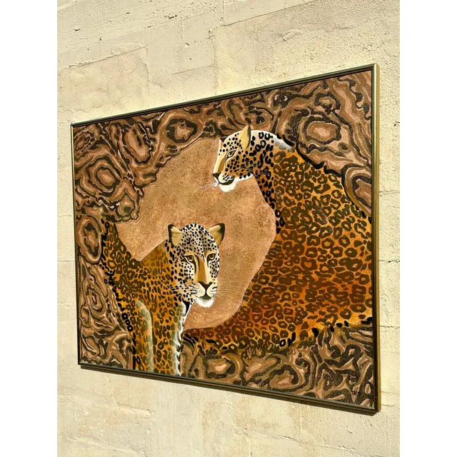 Vintage Boho Signed Original Oil Painting of Cheetahs — additional photo 3