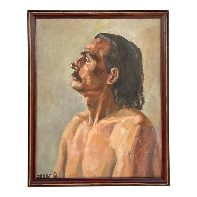 Vintage Boho Signed Original Oil Portrait on Board - Canvas, 17W x 21H — additional photo 1