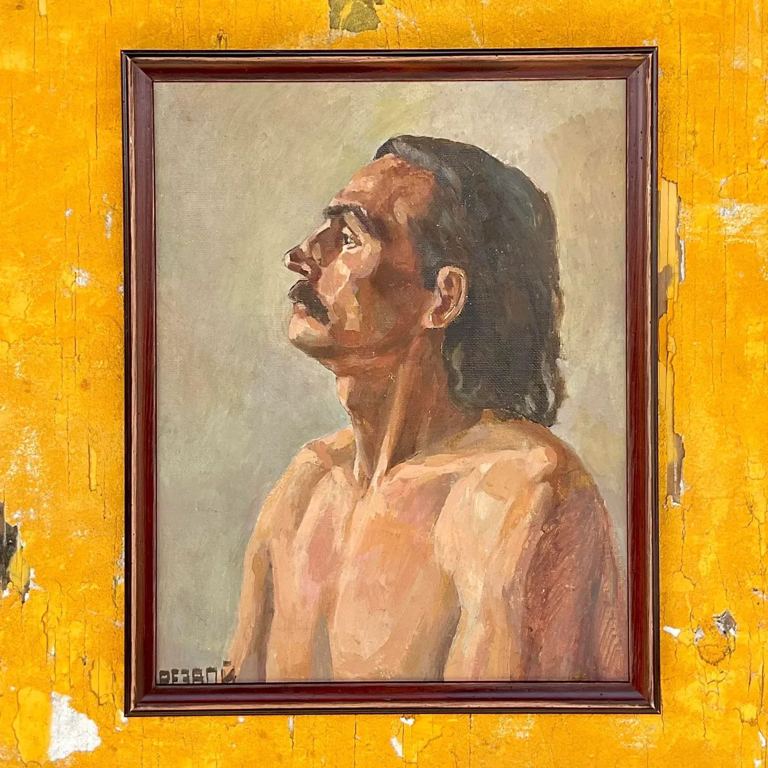 Vintage Boho Signed Original Oil Portrait on Board - Canvas, 17W x 21H — additional photo 5