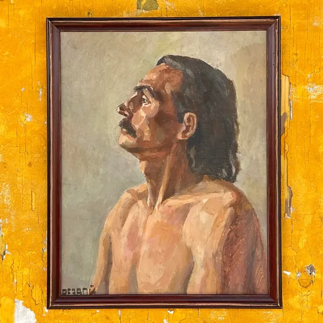 Vintage Boho Signed Original Oil Portrait on Board - Canvas, 17W x 21H — additional photo 7