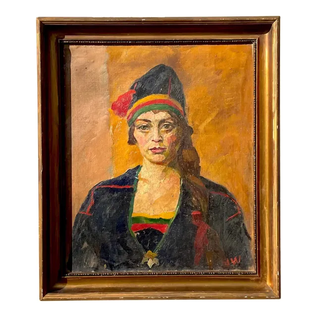 Vintage Boho Signed Original Oil Portrait on Canvas — additional photo 1