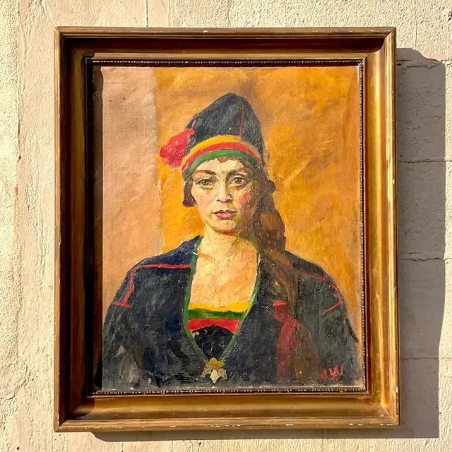 Vintage Boho Signed Original Oil Portrait on Canvas — additional photo 3