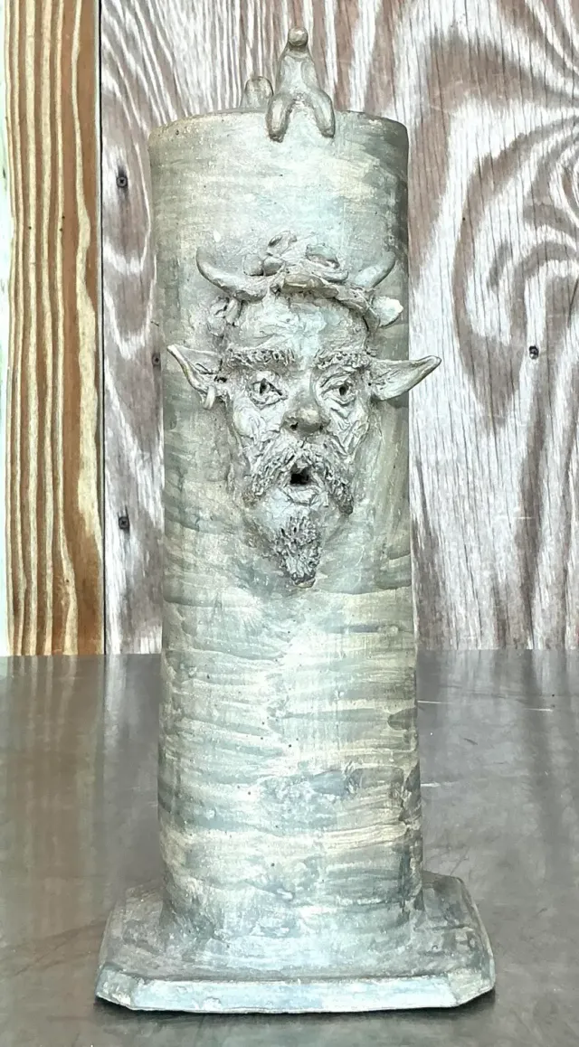 Vintage Boho Signed Studio Pottery Faces Vase — additional photo 2