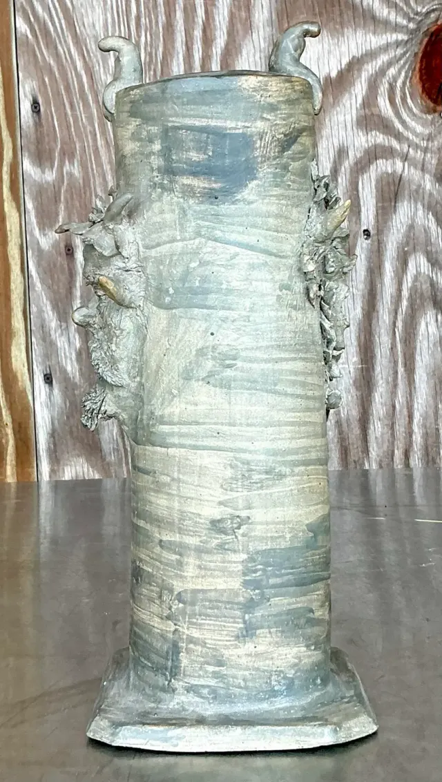 Vintage Boho Signed Studio Pottery Faces Vase — additional photo 4