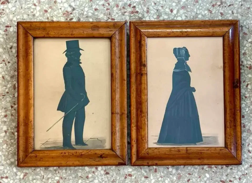 Vintage Boho Silloutte Drawing in Burled Wood Frame — additional photo 4