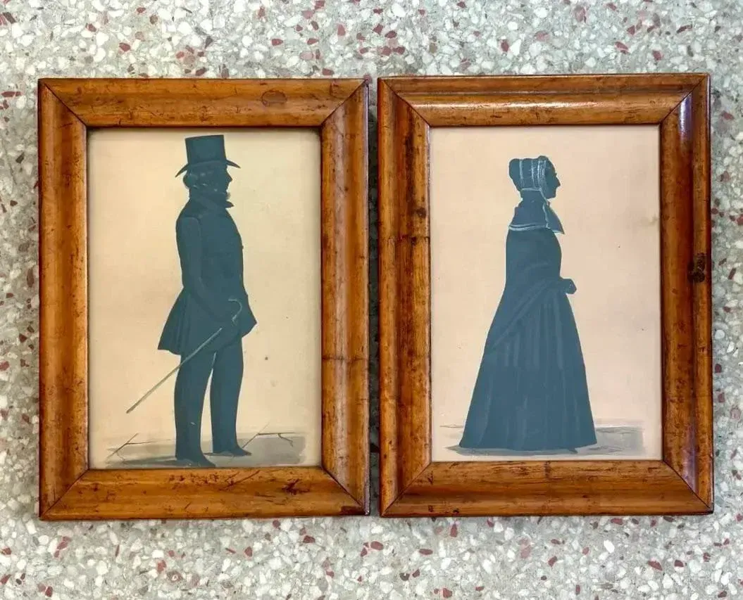 Vintage Boho Silloutte Drawing in Burled Wood Frame — additional photo 3