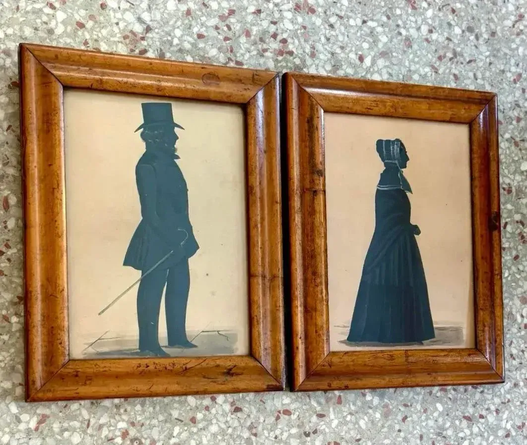 Vintage Boho Silloutte Drawing in Burled Wood Frame — additional photo 2