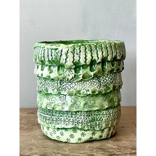 Vintage Boho Slab Built Studio Pottery Cache Pot — additional photo 1