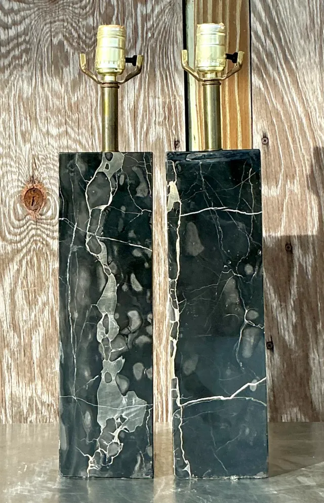 Vintage Boho Solid Black Marble Lamps - a Pair — additional photo 1