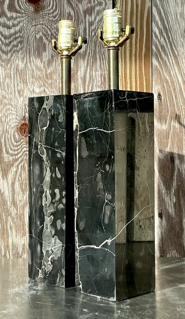 Vintage Boho Solid Black Marble Lamps - a Pair — additional photo 2