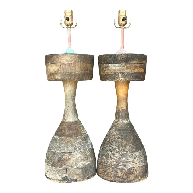 Vintage Boho Stacked Distressed Wood Lamps - a Pair — additional photo 1