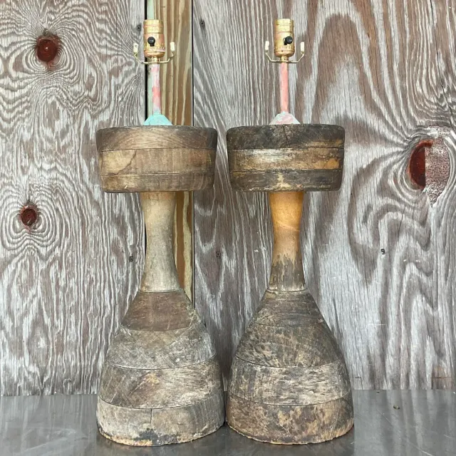 Vintage Boho Stacked Distressed Wood Lamps - a Pair — additional photo 2