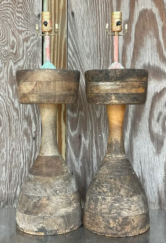Vintage Boho Stacked Distressed Wood Lamps - a Pair — additional photo 3