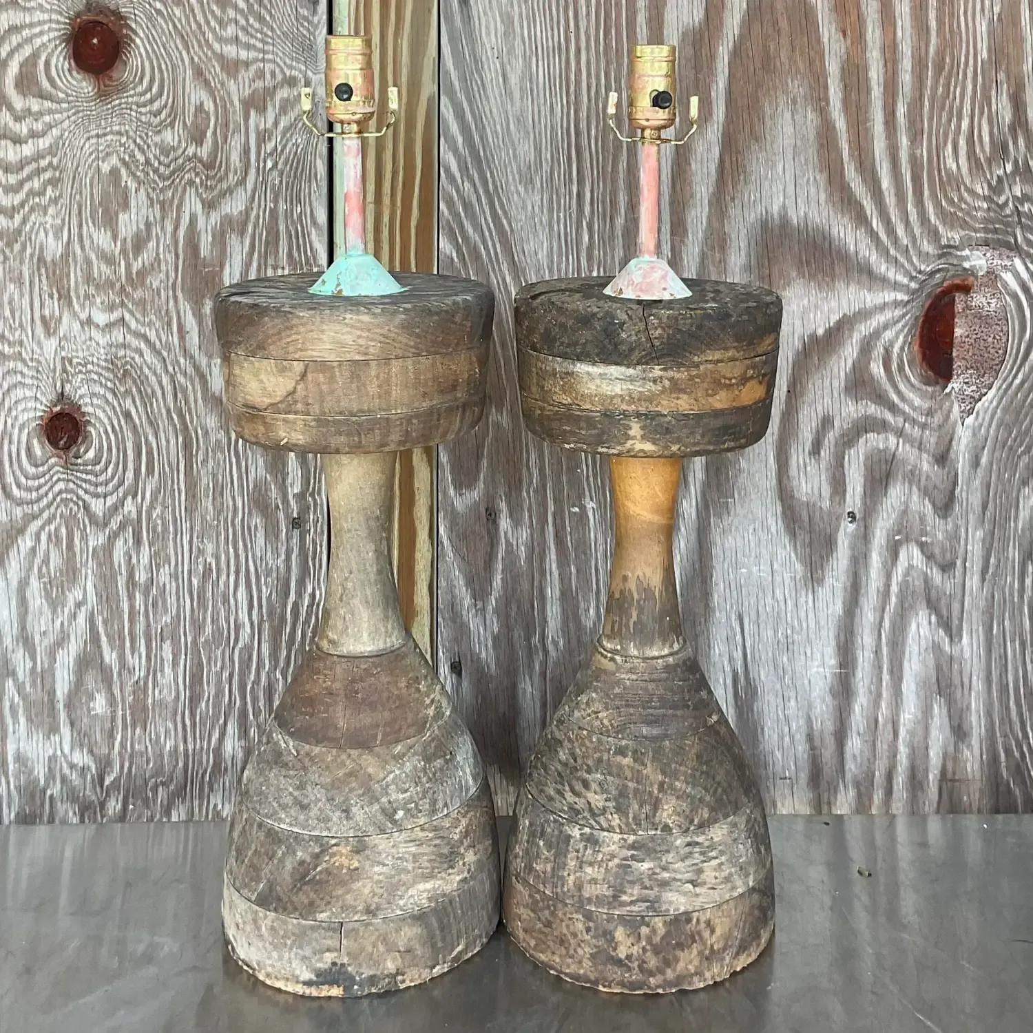 Vintage Boho Stacked Distressed Wood Lamps - a Pair — additional photo 5