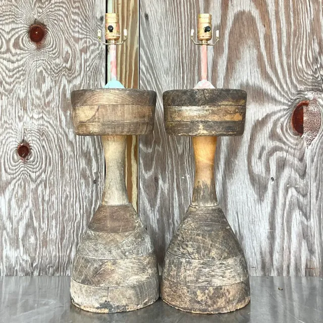 Vintage Boho Stacked Distressed Wood Lamps - a Pair — additional photo 7
