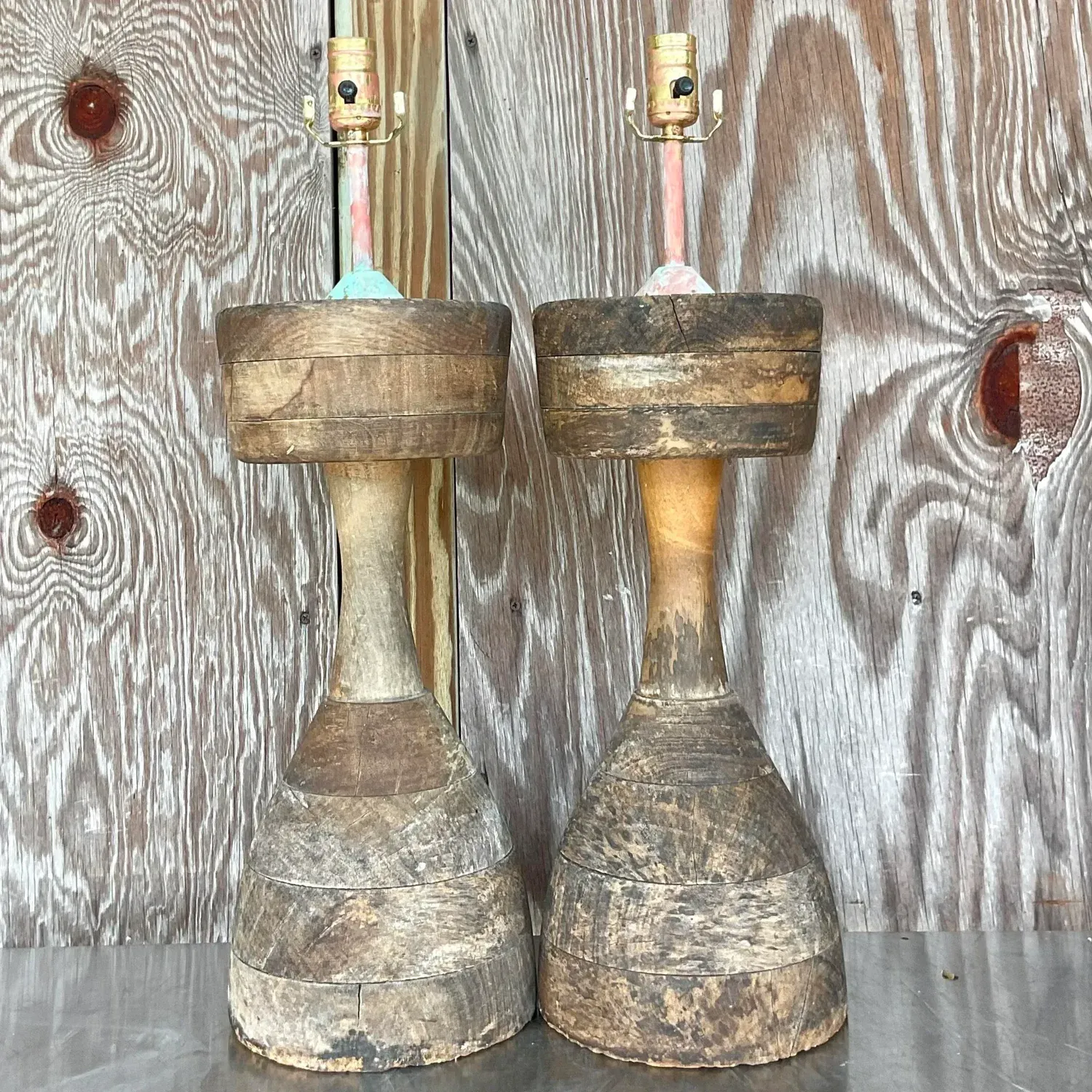 Vintage Boho Stacked Distressed Wood Lamps - a Pair — additional photo 8