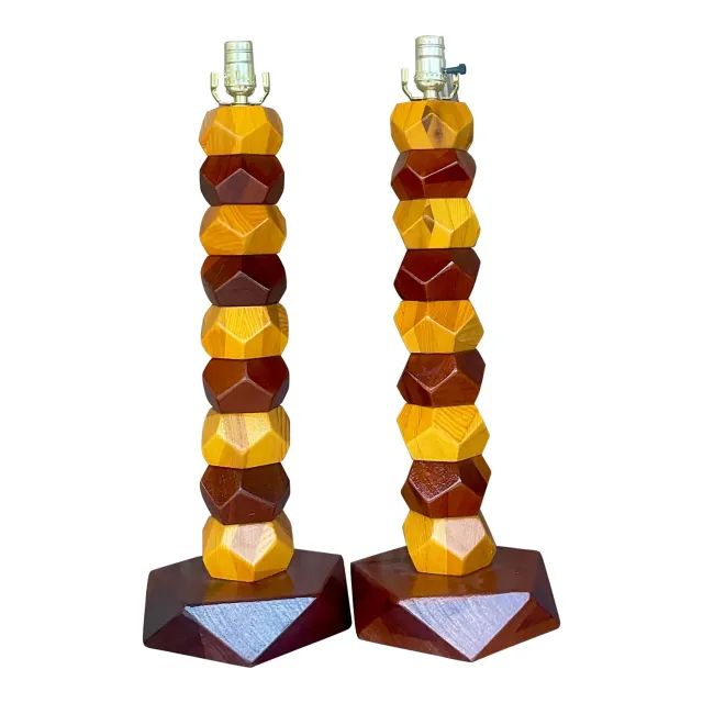 Vintage Boho Stacked Faceted Wood Block Lamps - a Pair — additional photo 1