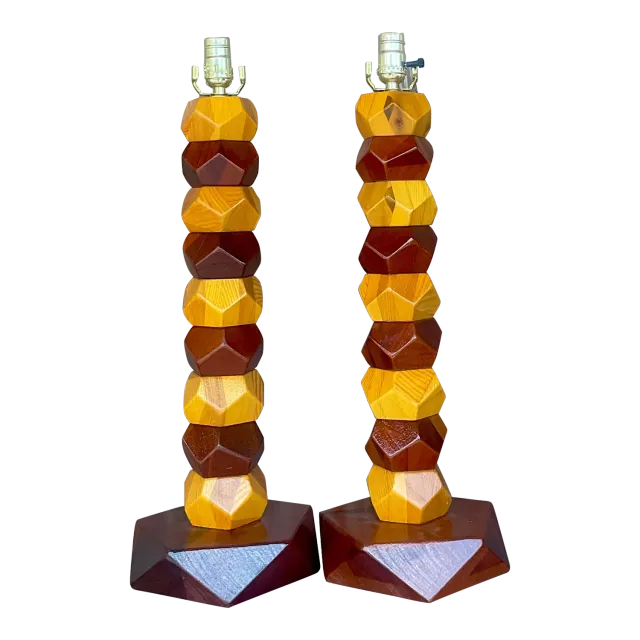 Vintage Boho Stacked Faceted Wood Block Lamps - a Pair — additional photo 2