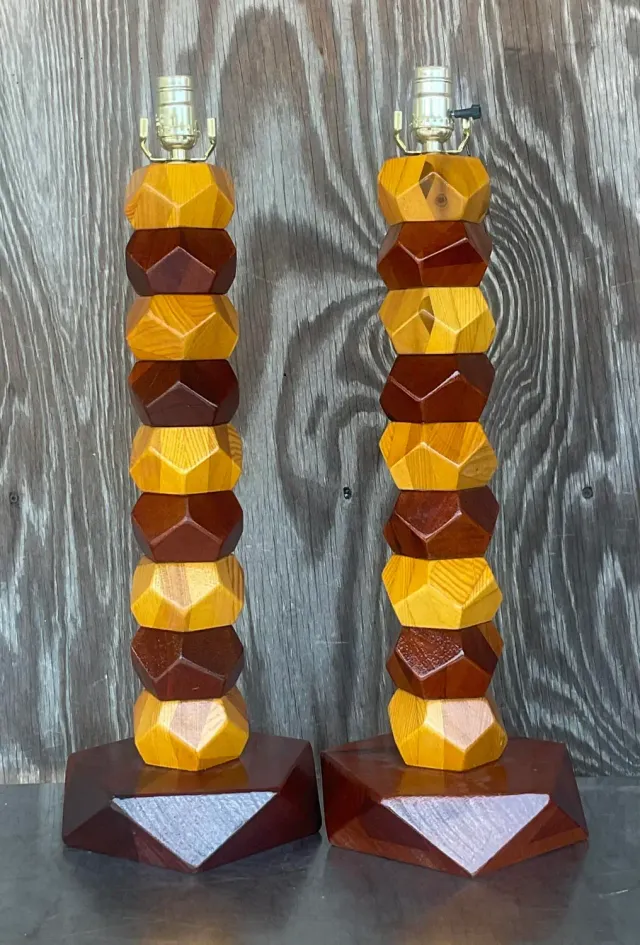 Vintage Boho Stacked Faceted Wood Block Lamps - a Pair — additional photo 3