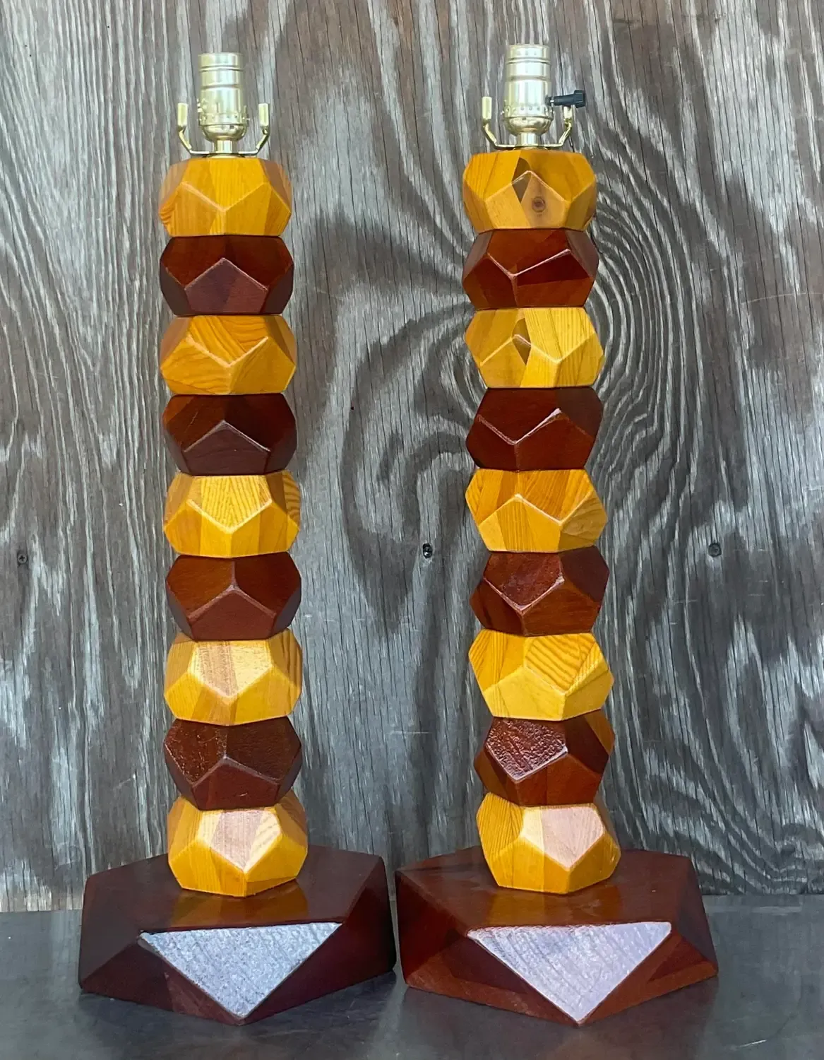 Vintage Boho Stacked Faceted Wood Block Lamps - a Pair — additional photo 4