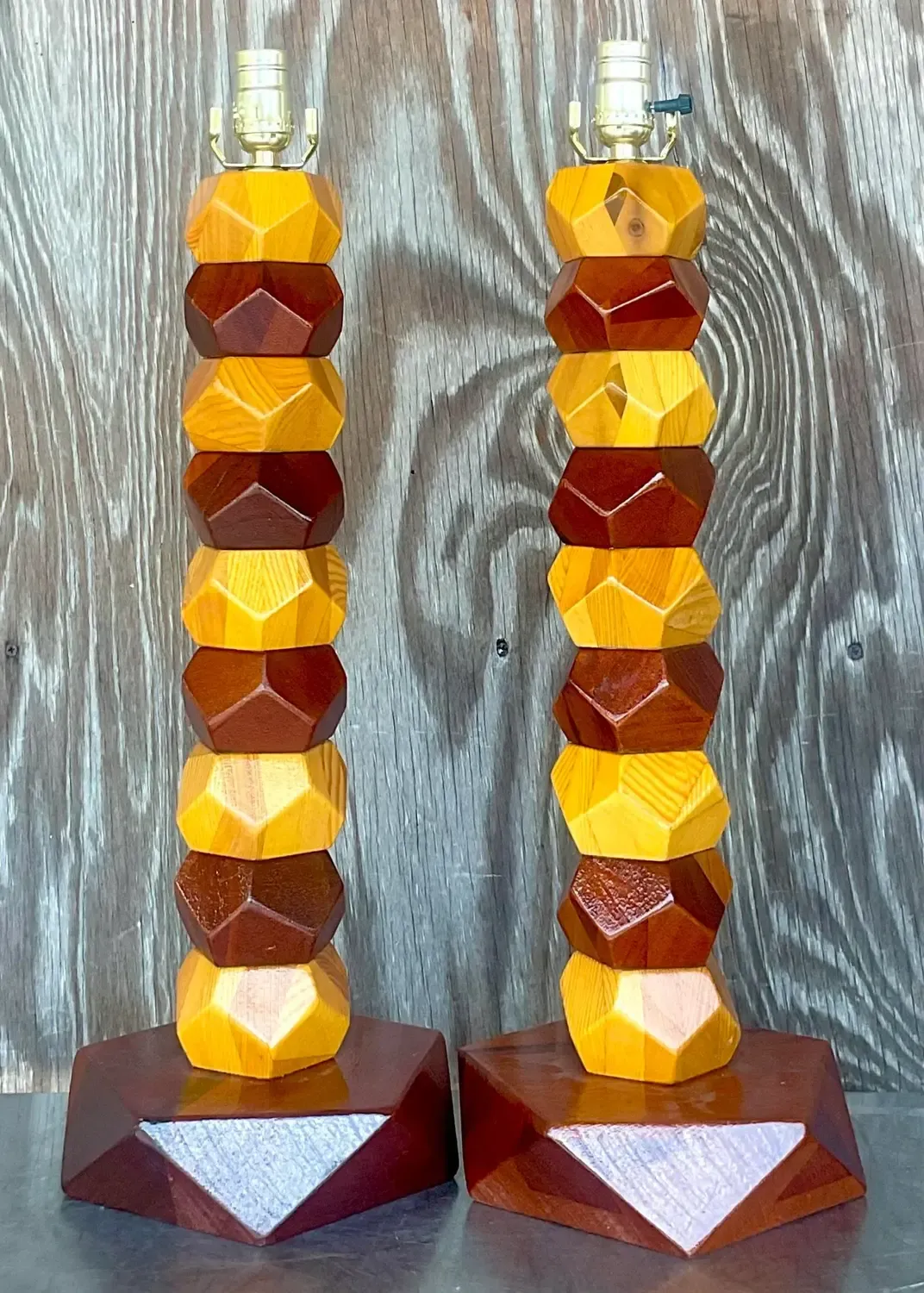 Vintage Boho Stacked Faceted Wood Block Lamps - a Pair — additional photo 5