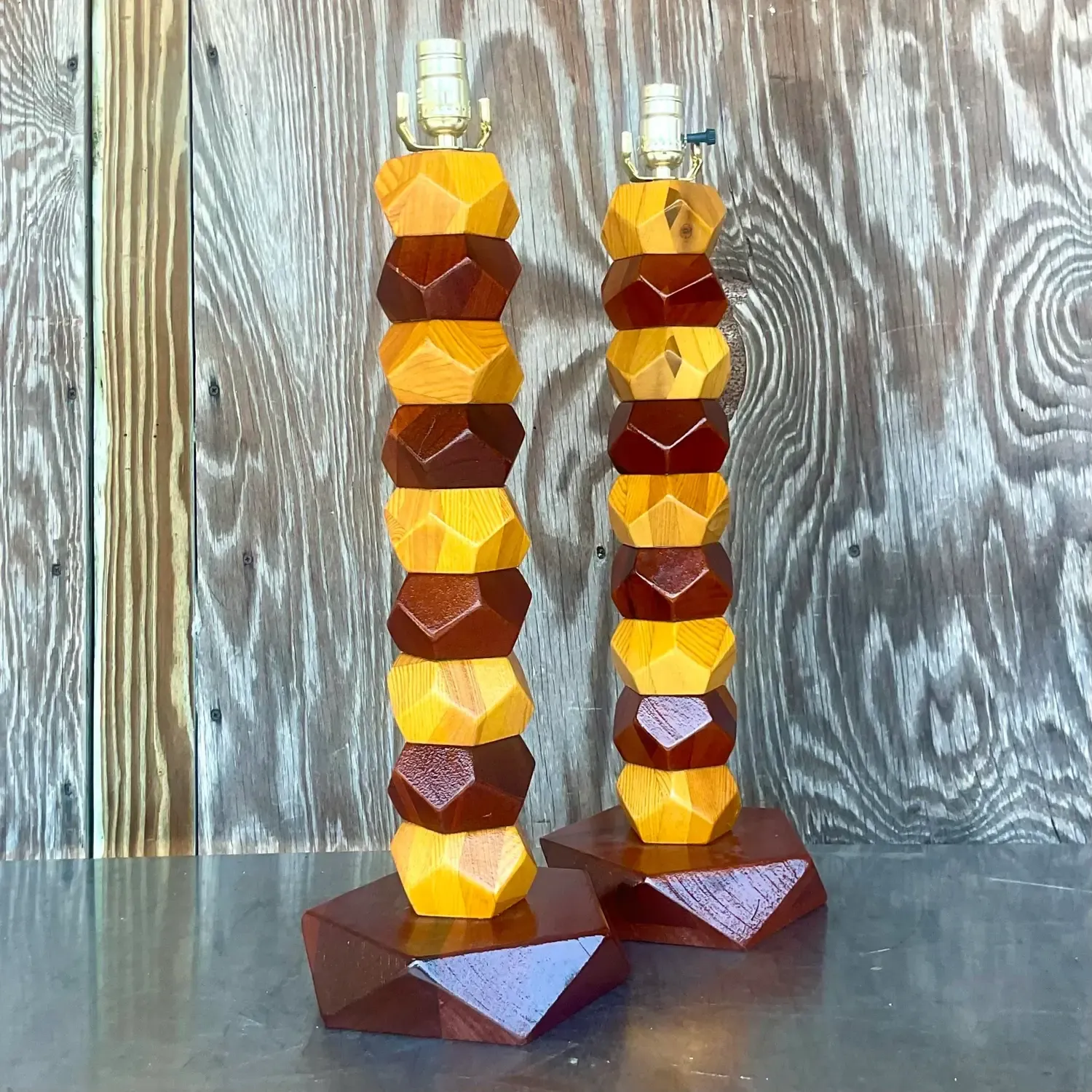 Vintage Boho Stacked Faceted Wood Block Lamps - a Pair — additional photo 6