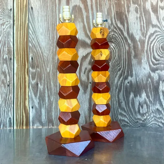 Vintage Boho Stacked Faceted Wood Block Lamps - a Pair — additional photo 6