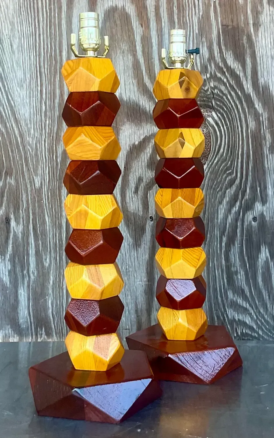 Vintage Boho Stacked Faceted Wood Block Lamps - a Pair — additional photo 7