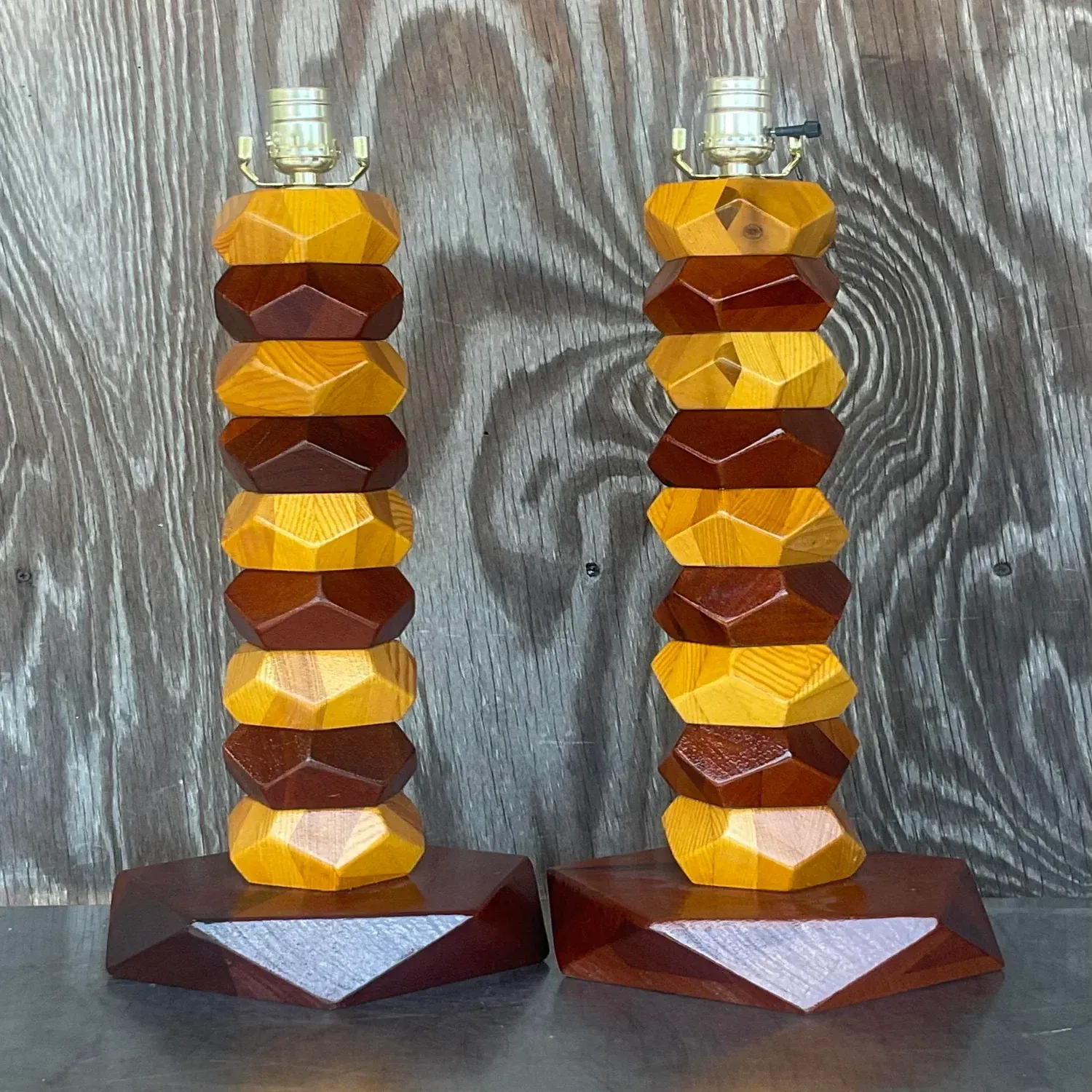 Vintage Boho Stacked Faceted Wood Block Lamps - a Pair — additional photo 8