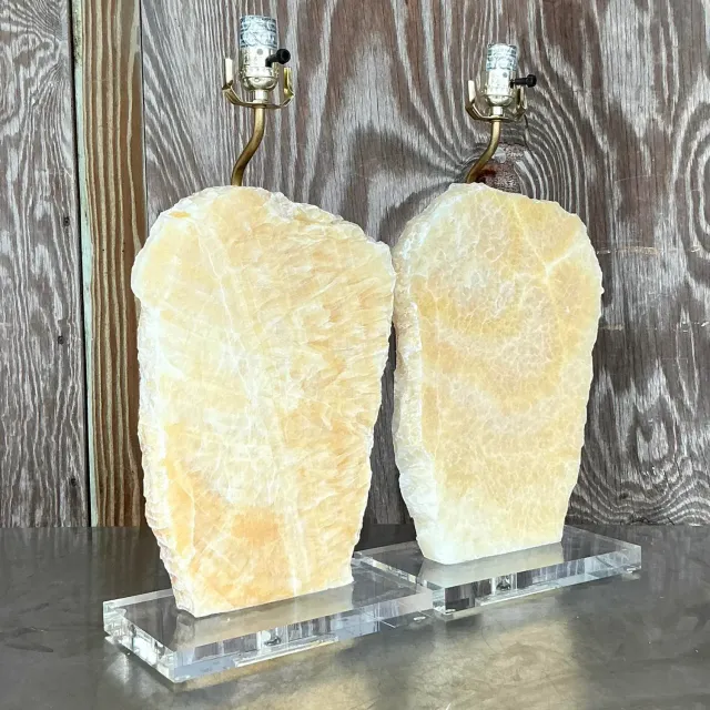 Vintage Boho Stone Slab and Lucite Lamps - a Pair — additional photo 2