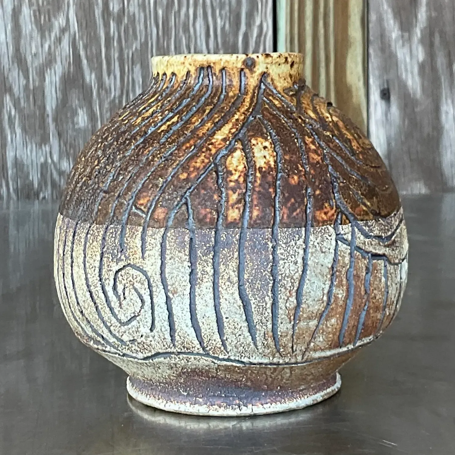 Vintage Boho Studio Pottery Scored Vase — additional photo 2