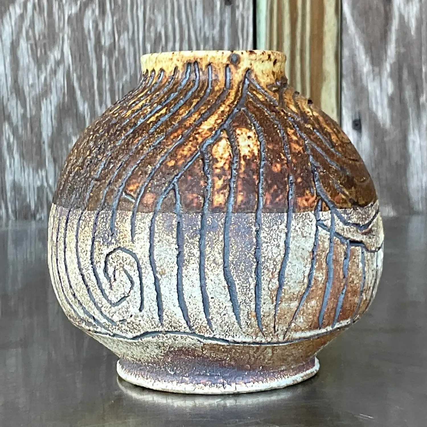 Vintage Boho Studio Pottery Scored Vase — additional photo 4
