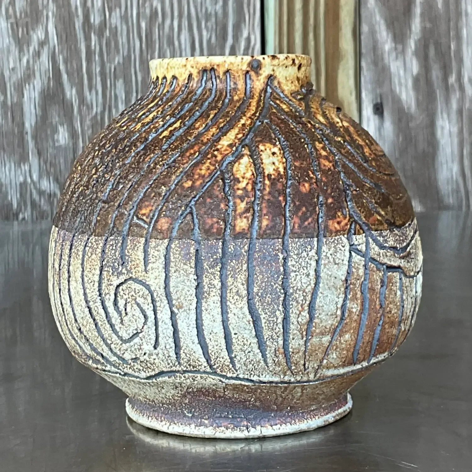 Vintage Boho Studio Pottery Scored Vase — additional photo 5
