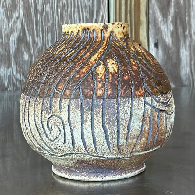 Vintage Boho Studio Pottery Scored Vase — additional photo 5
