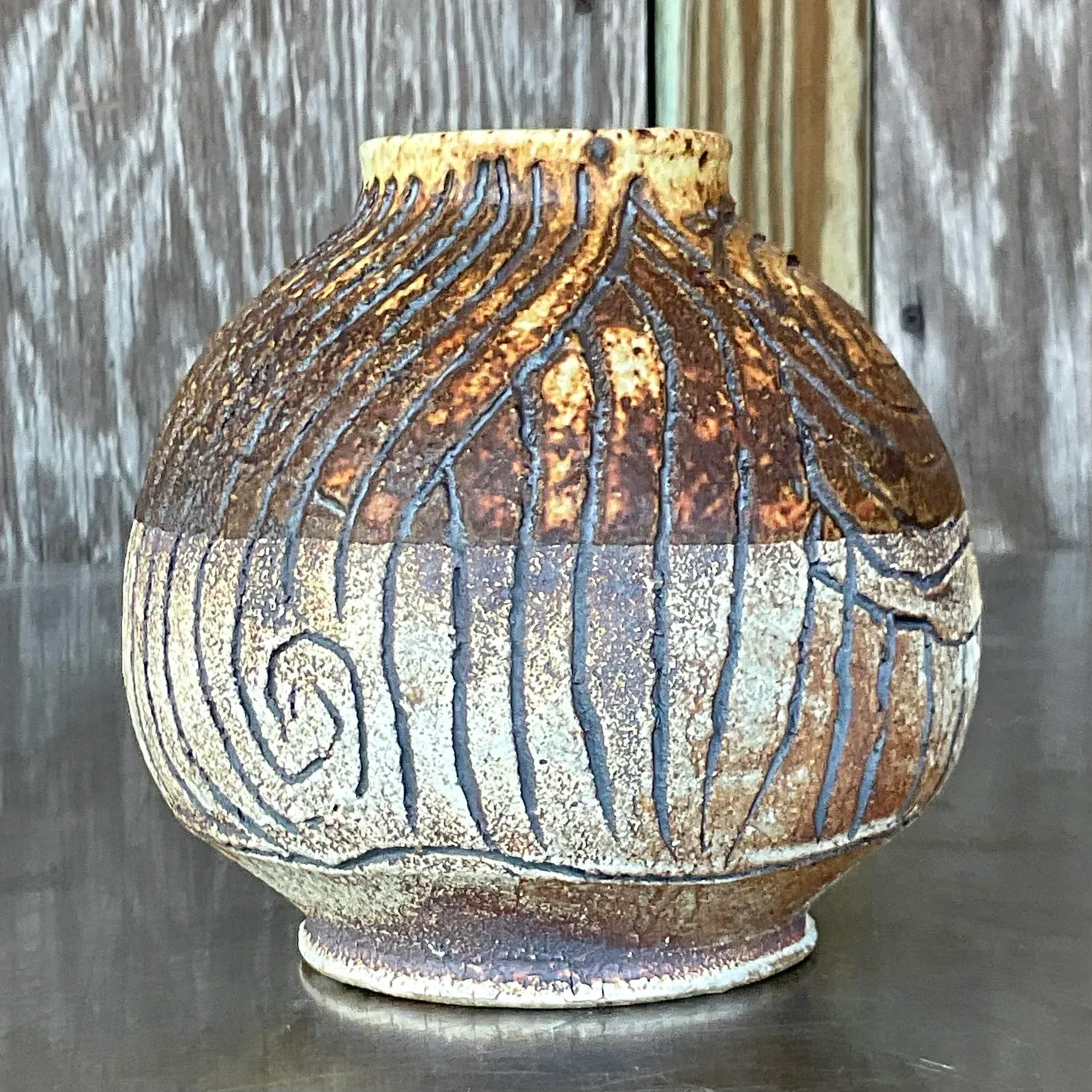 Vintage Boho Studio Pottery Scored Vase — additional photo 7