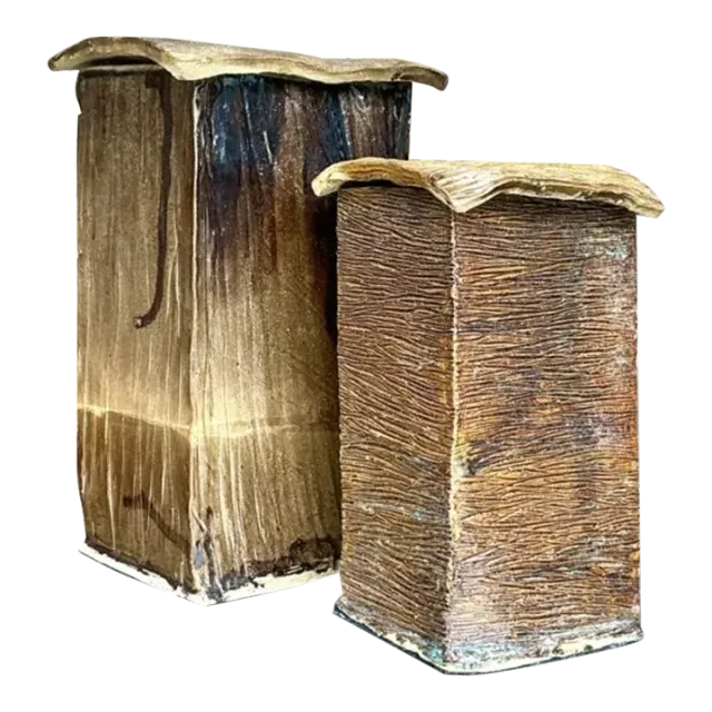 Vintage Boho Studio Pottery Square Lidded Vases - Set of 2 — additional photo 2