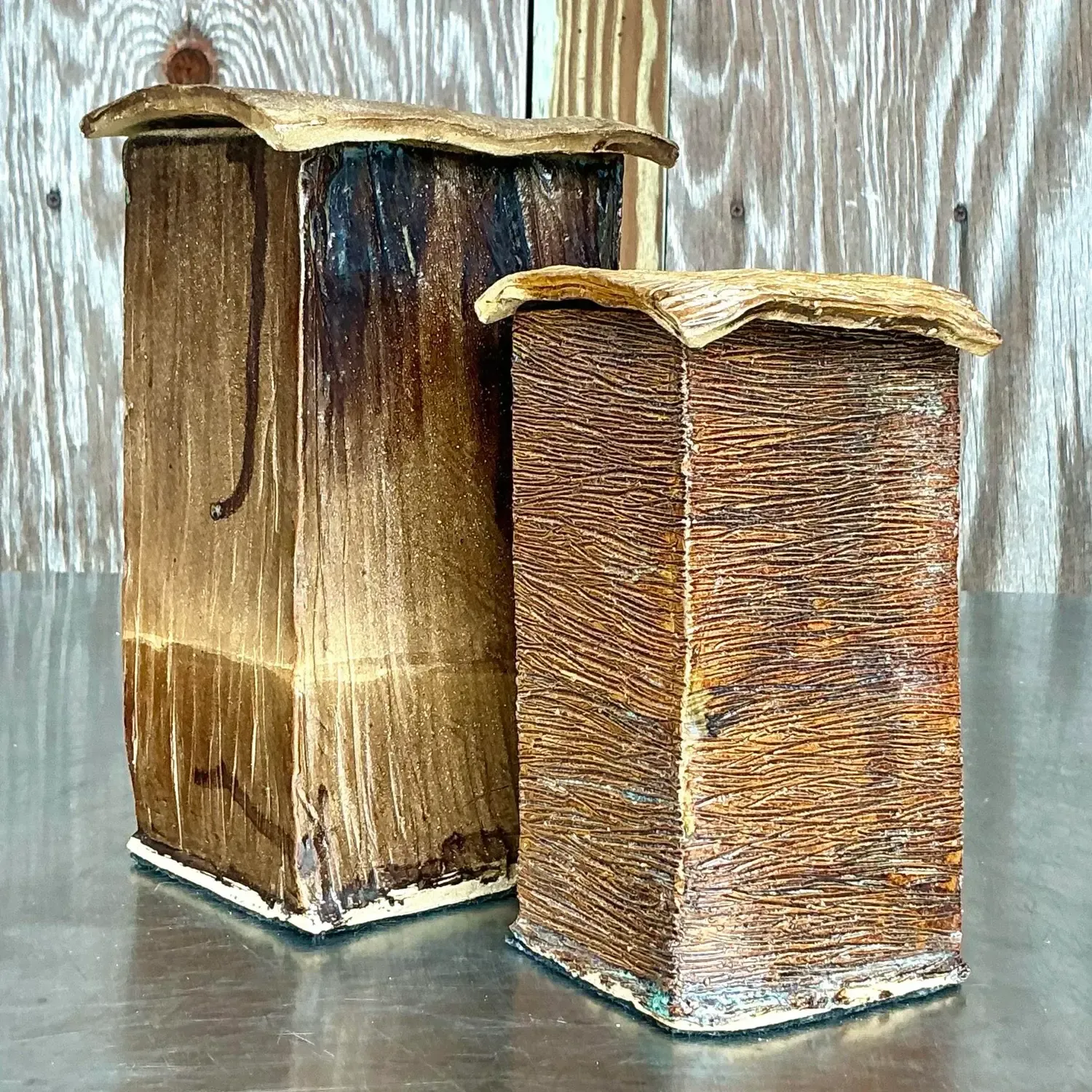 Vintage Boho Studio Pottery Square Lidded Vases - Set of 2 — additional photo 3