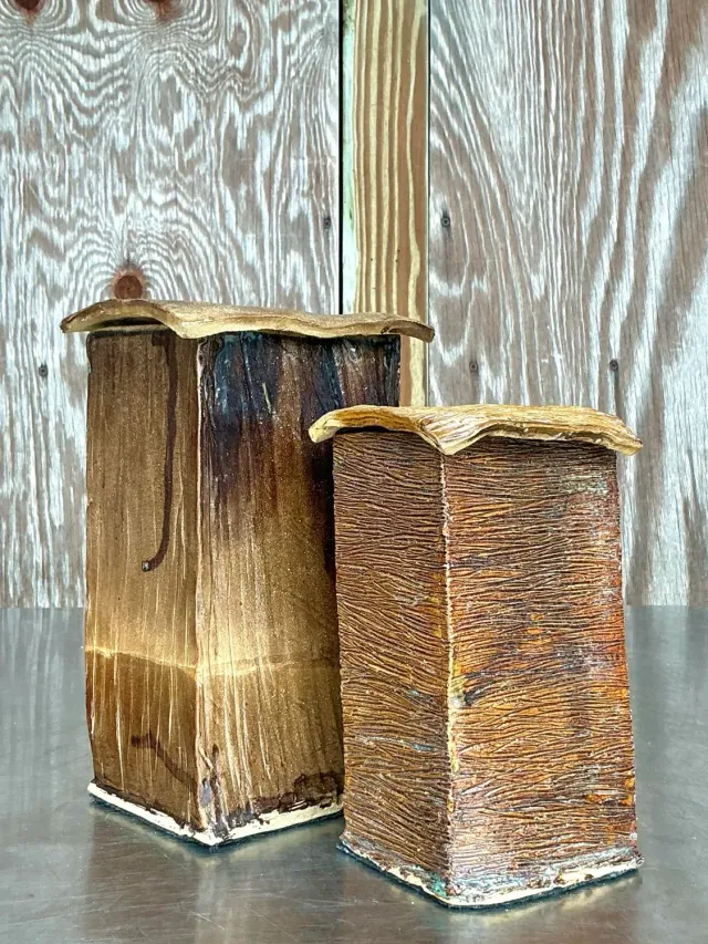 Vintage Boho Studio Pottery Square Lidded Vases - Set of 2 — additional photo 4