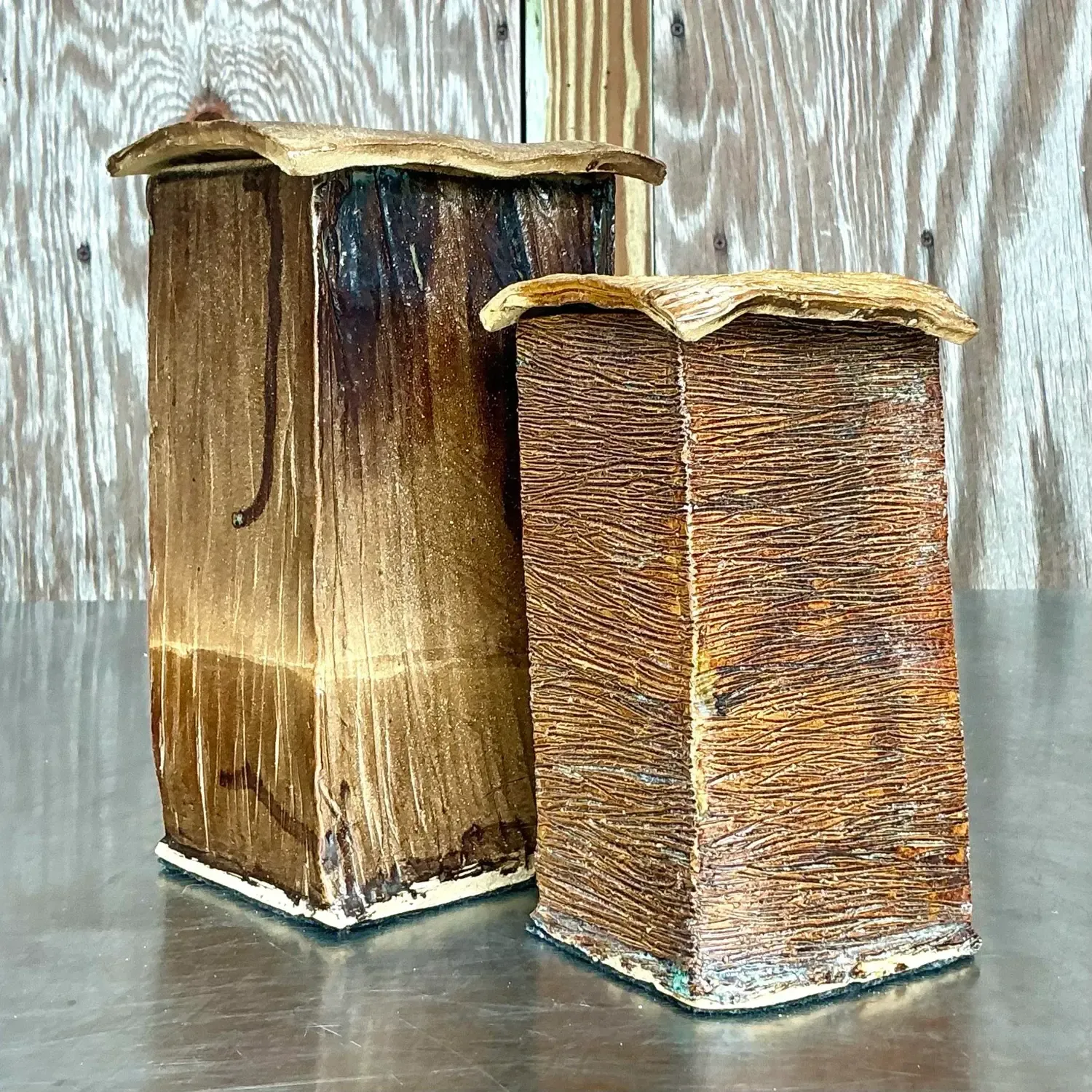 Vintage Boho Studio Pottery Square Lidded Vases - Set of 2 — additional photo 7