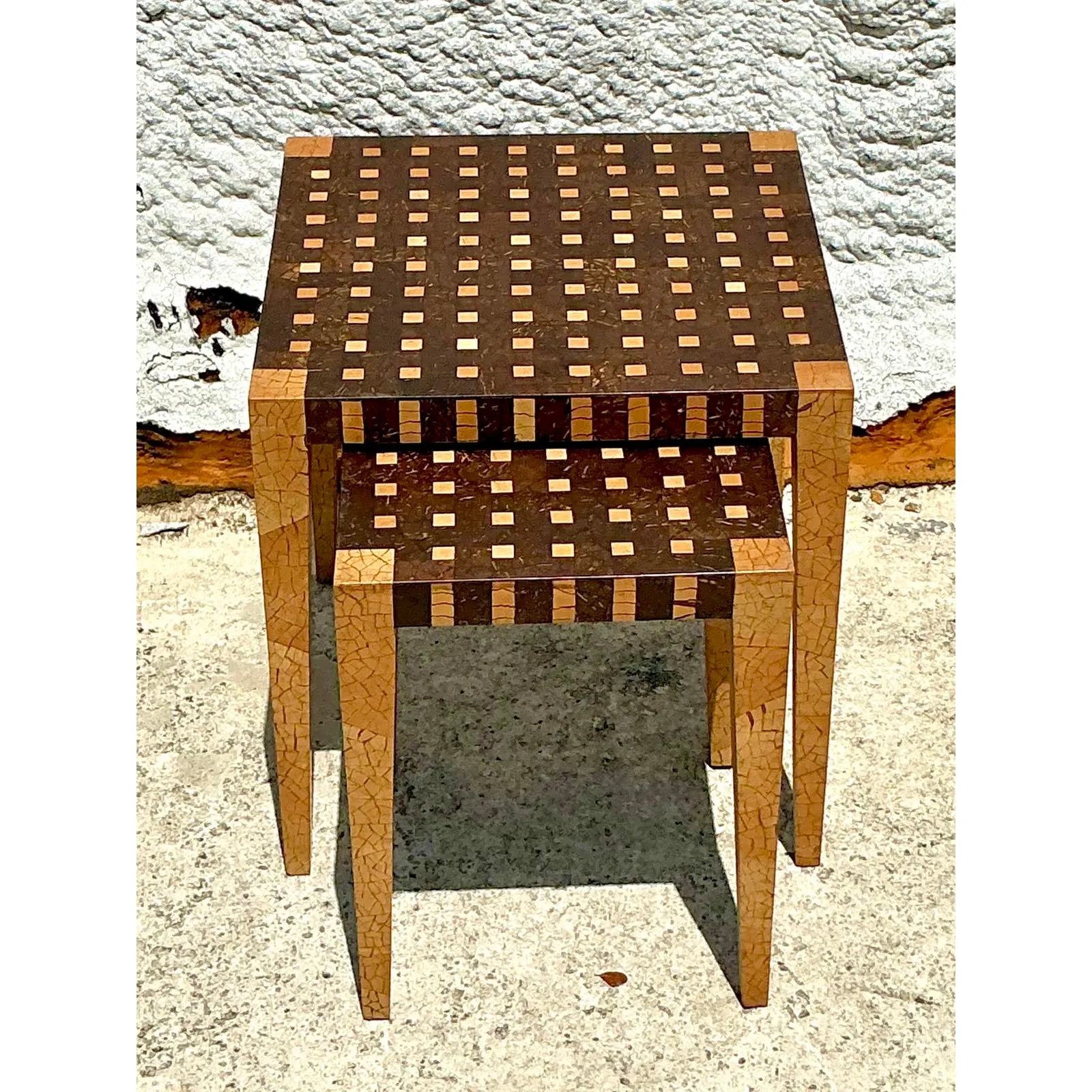 Vintage Boho Tessellated Coconut Shell Nesting Tables - Set of 2 — additional photo 2