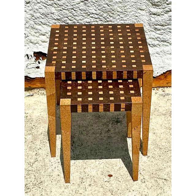 Vintage Boho Tessellated Coconut Shell Nesting Tables - Set of 2 — additional photo 2