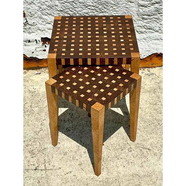 Vintage Boho Tessellated Coconut Shell Nesting Tables - Set of 2 — additional photo 3