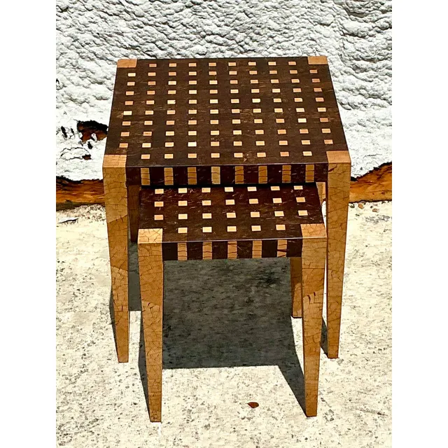 Vintage Boho Tessellated Coconut Shell Nesting Tables - Set of 2 — additional photo 5